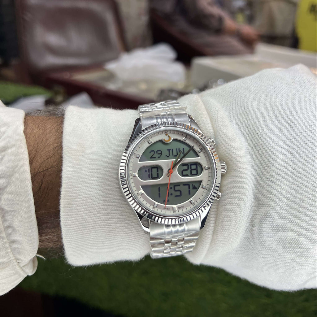 Silver digital watch on a wrist 